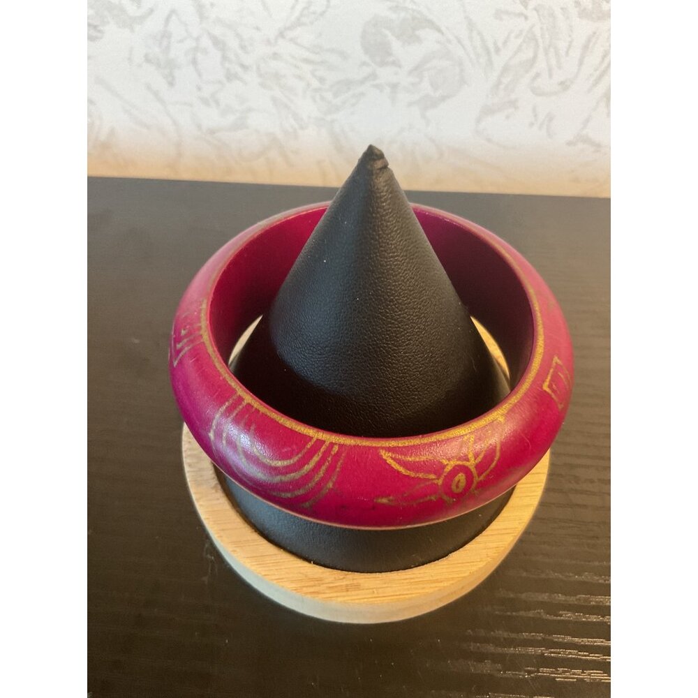 Hand-Painted Wooden Bangle Bracelet Magenta with Gold Accents - Picture 2 of 5